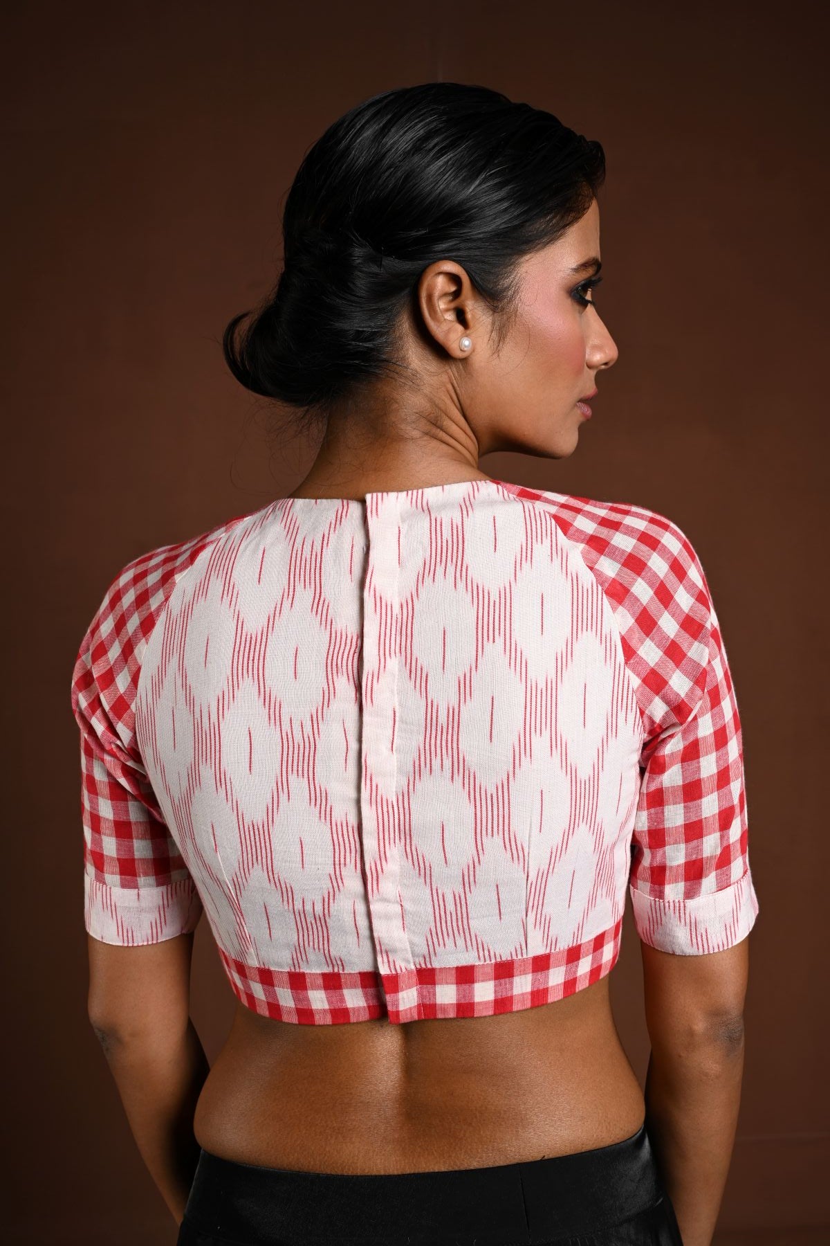 White Half Sleeve Blouse in Cotton with Red Check Detailing - Anvi Couture