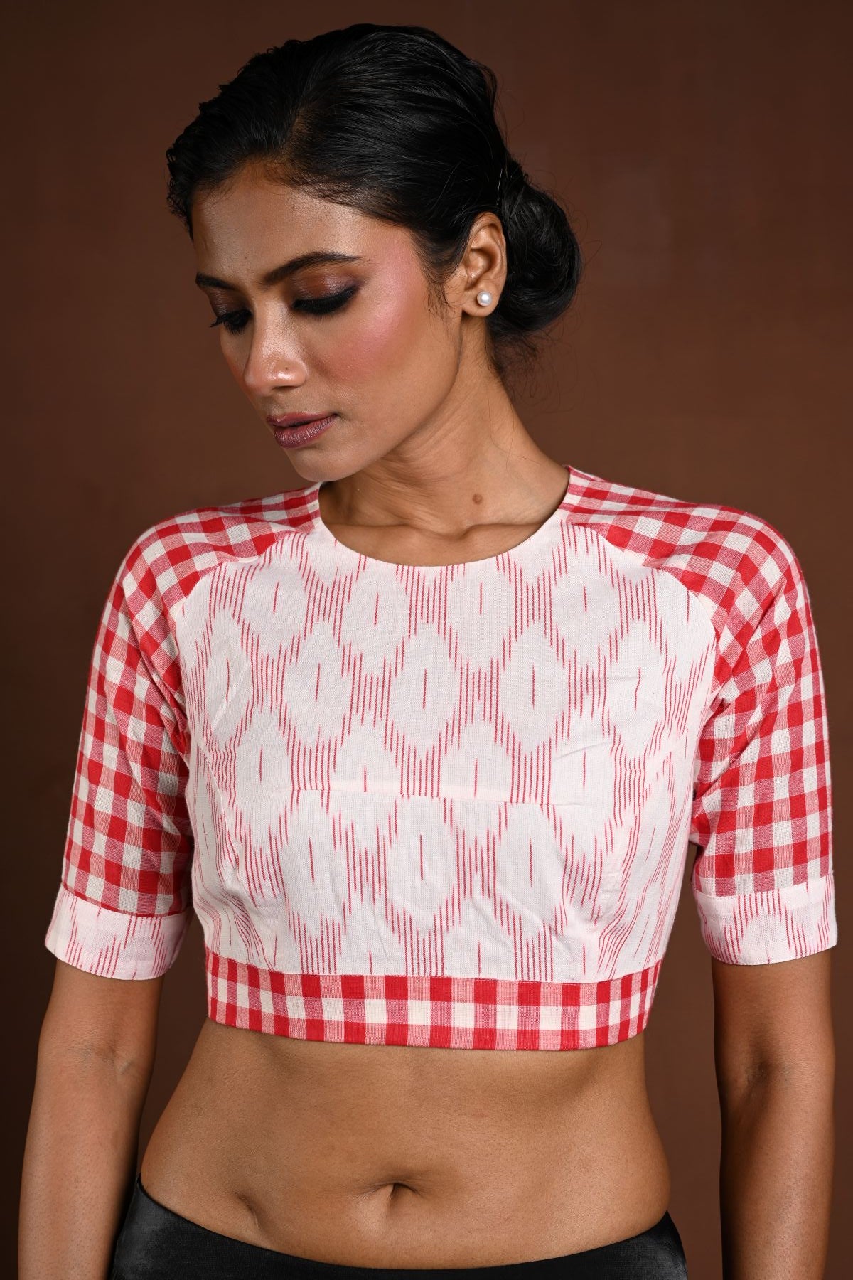White Half Sleeve Blouse in Cotton with Red Check Detailing - Anvi Couture