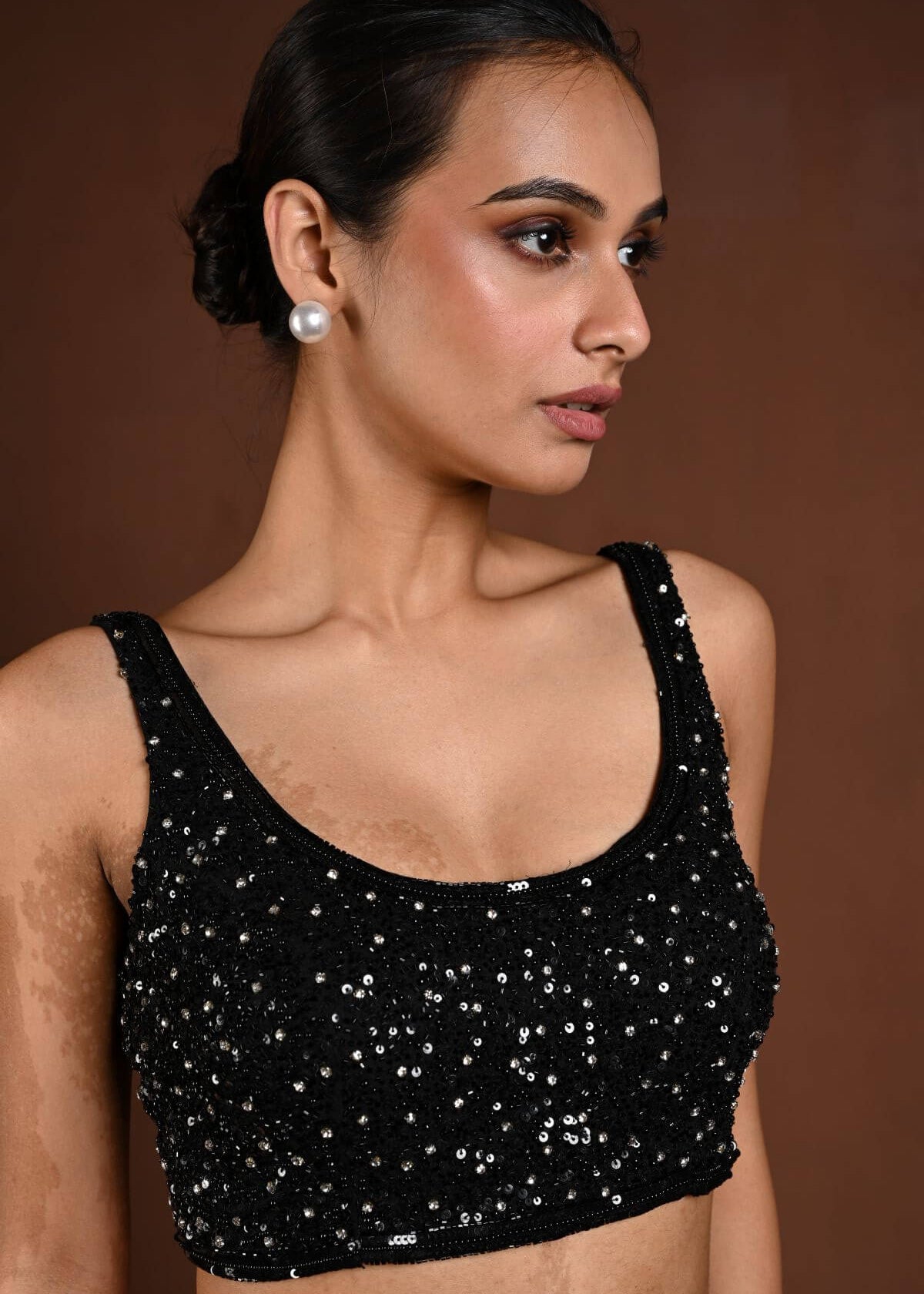Black Sleeveless Hand Embroidered Blouse with U Neckline - Anvi Couture