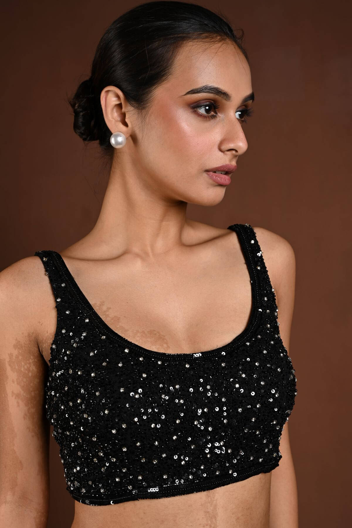 Black Sleeveless Hand Embroidered Blouse with U Neckline - Anvi Couture