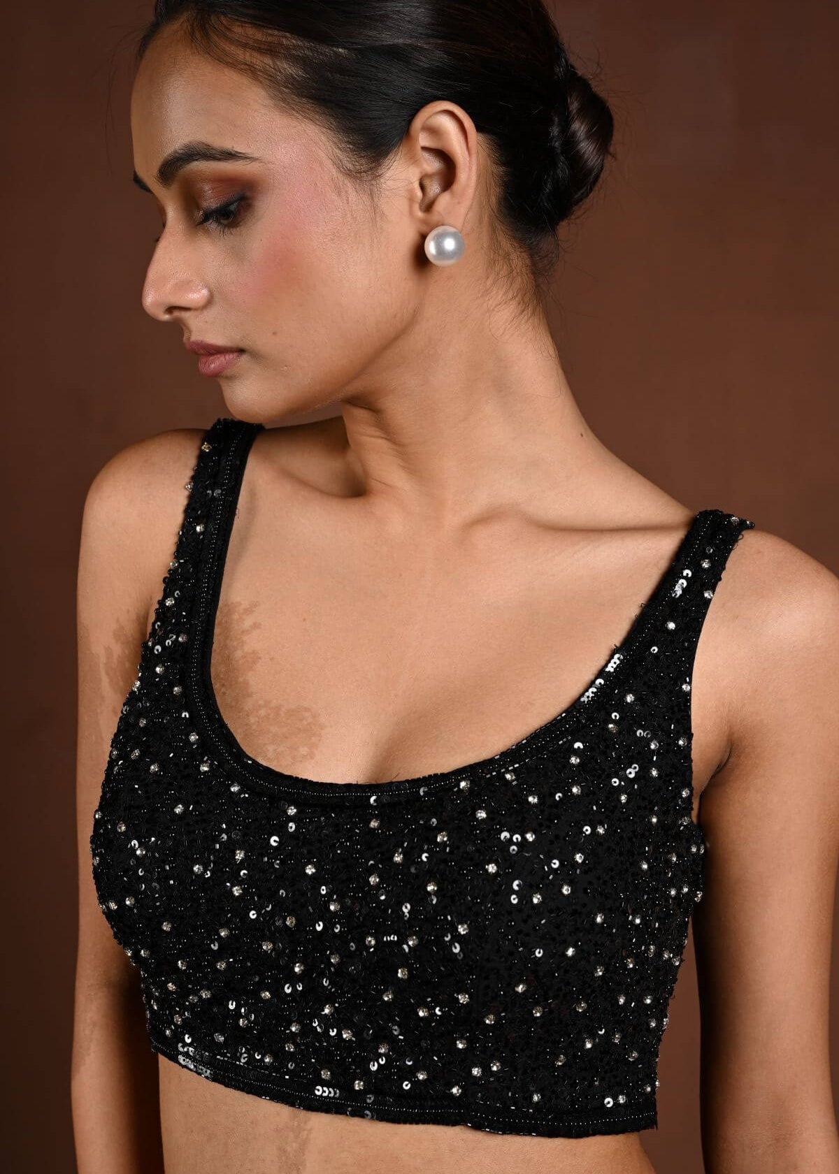 Black Sleeveless Hand Embroidered Blouse with U Neckline - Anvi Couture
