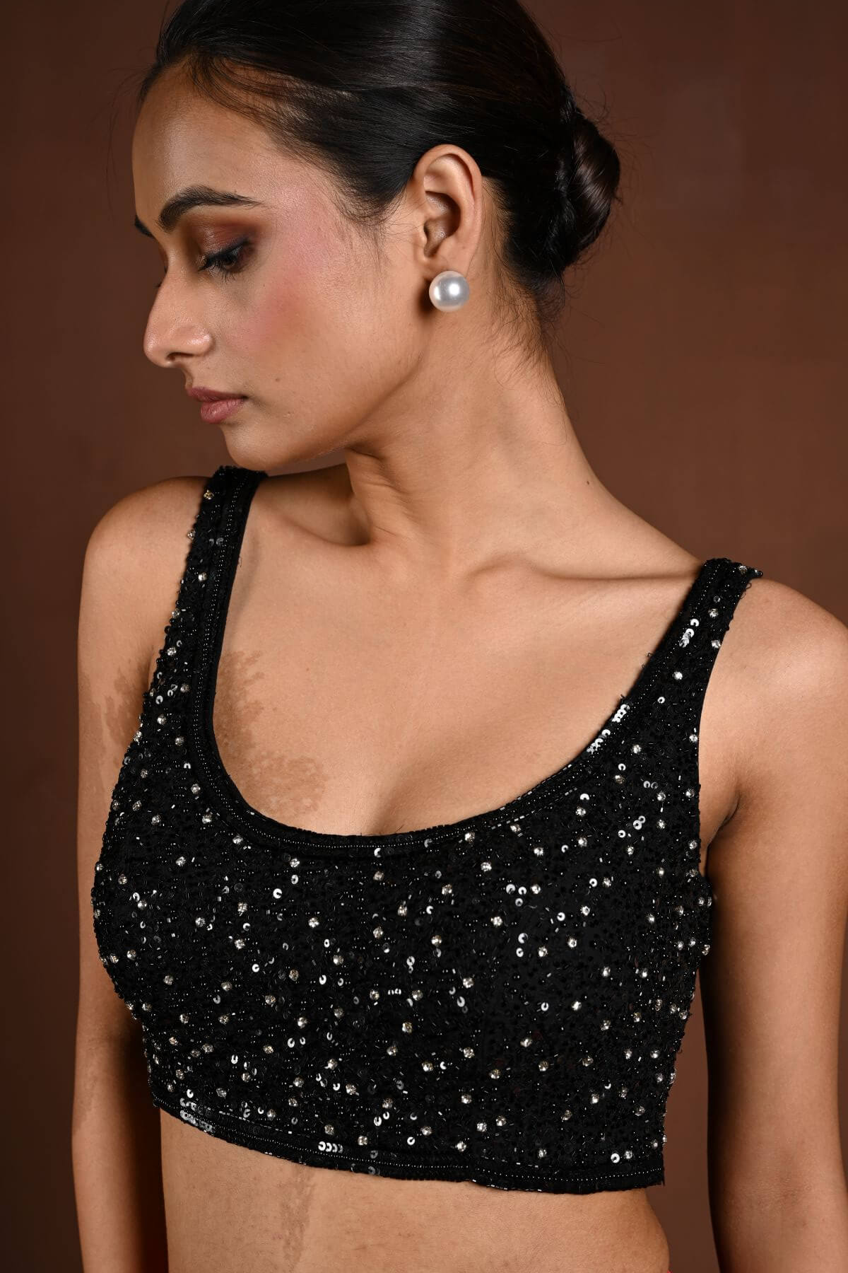 Black Sleeveless Hand Embroidered Blouse with U Neckline - Anvi Couture