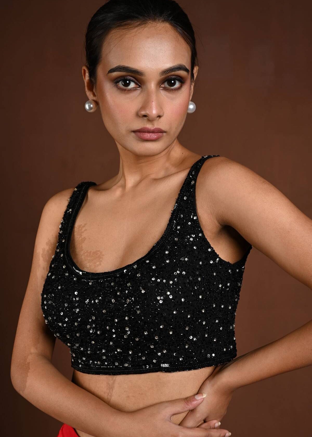 Black Sleeveless Hand Embroidered Blouse with U Neckline - Anvi Couture
