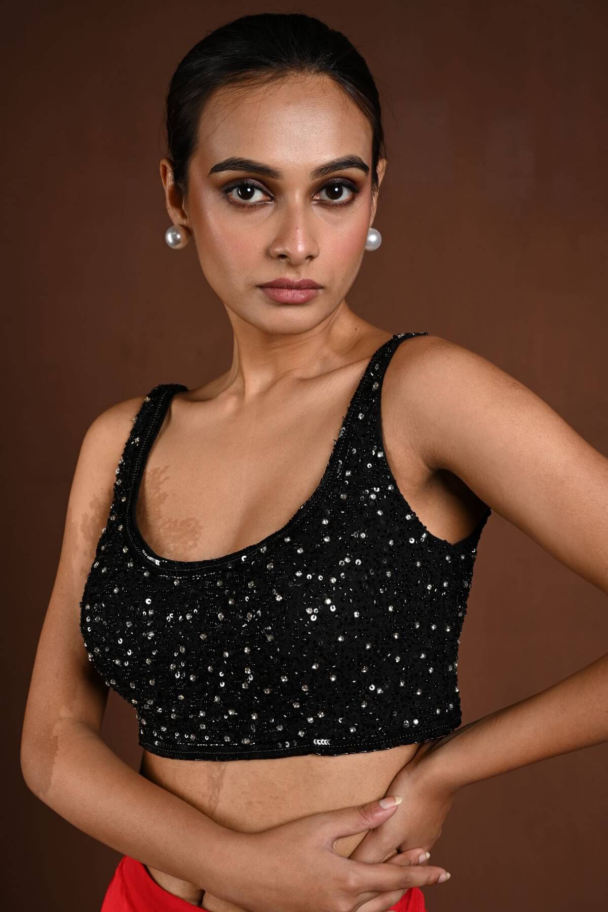Black Sleeveless Hand Embroidered Blouse with U Neckline - Anvi Couture