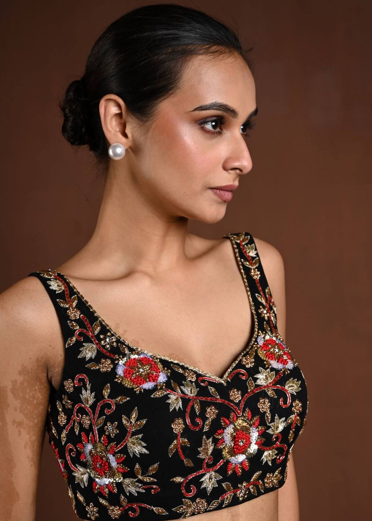 Black and Red Hand Embroidered Sleeveless Blouse with Sweetheart Neckline - Anvi Couture