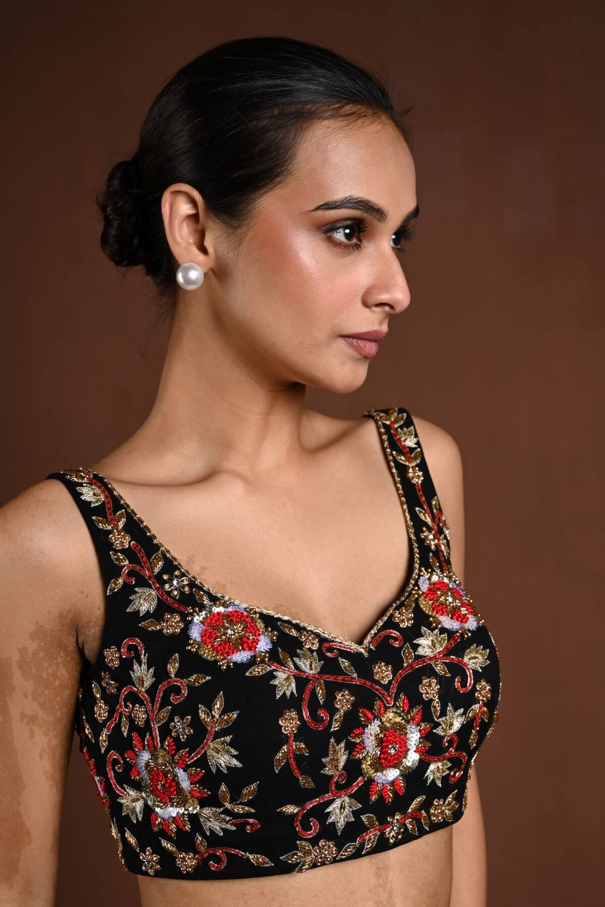 Black and Red Hand Embroidered Sleeveless Blouse with Sweetheart Neckline - Anvi Couture