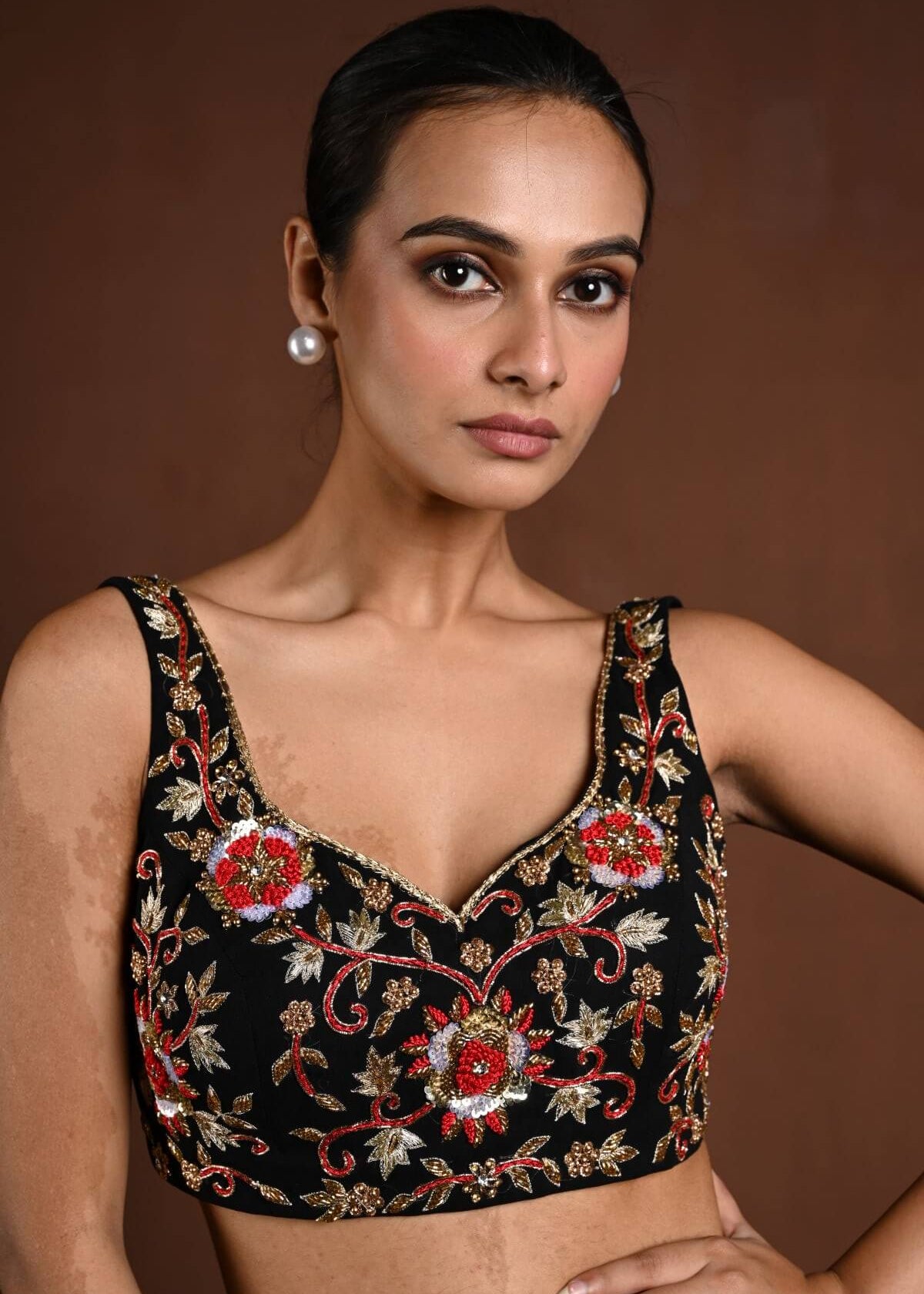 Black and Red Hand Embroidered Sleeveless Blouse with Sweetheart Neckline - Anvi Couture