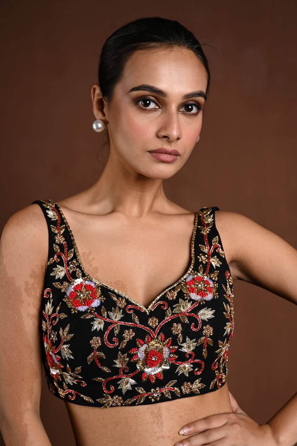 Black and Red Hand Embroidered Sleeveless Blouse with Sweetheart Neckline - Anvi Couture