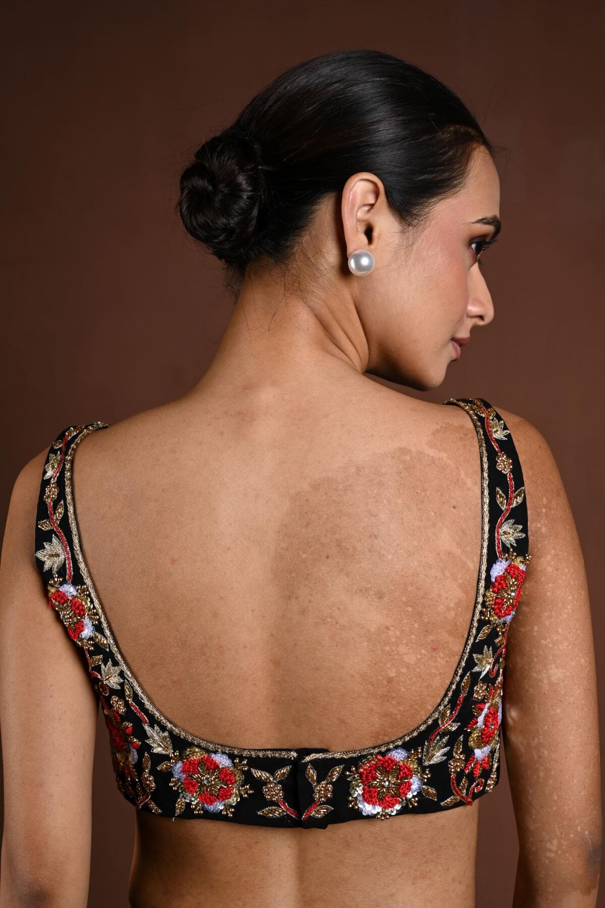 Black and Red Hand Embroidered Sleeveless Blouse with Sweetheart Neckline - Anvi Couture