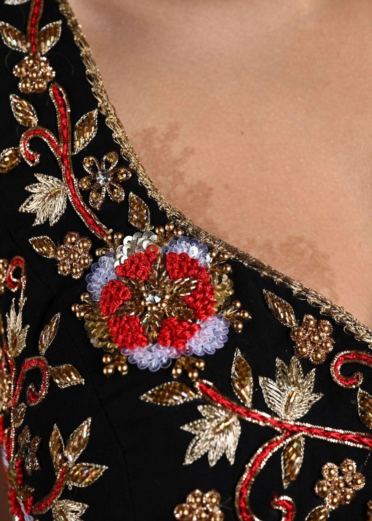 Black and Red Hand Embroidered Sleeveless Blouse with Sweetheart Neckline - Anvi Couture