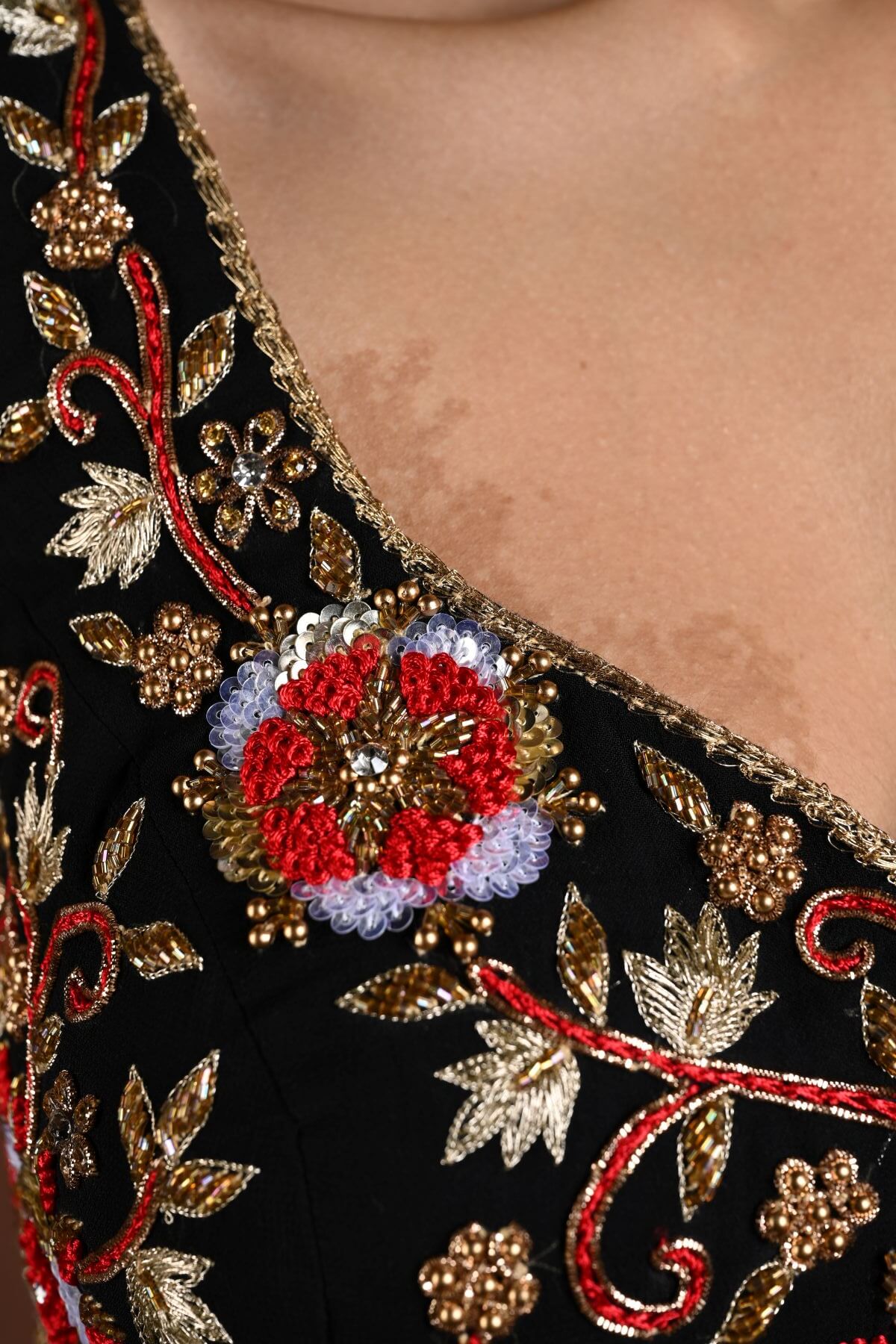 Black and Red Hand Embroidered Sleeveless Blouse with Sweetheart Neckline - Anvi Couture