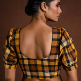 Yellow Puff Sleeve Blouse with Check Detailing - Anvi Couture