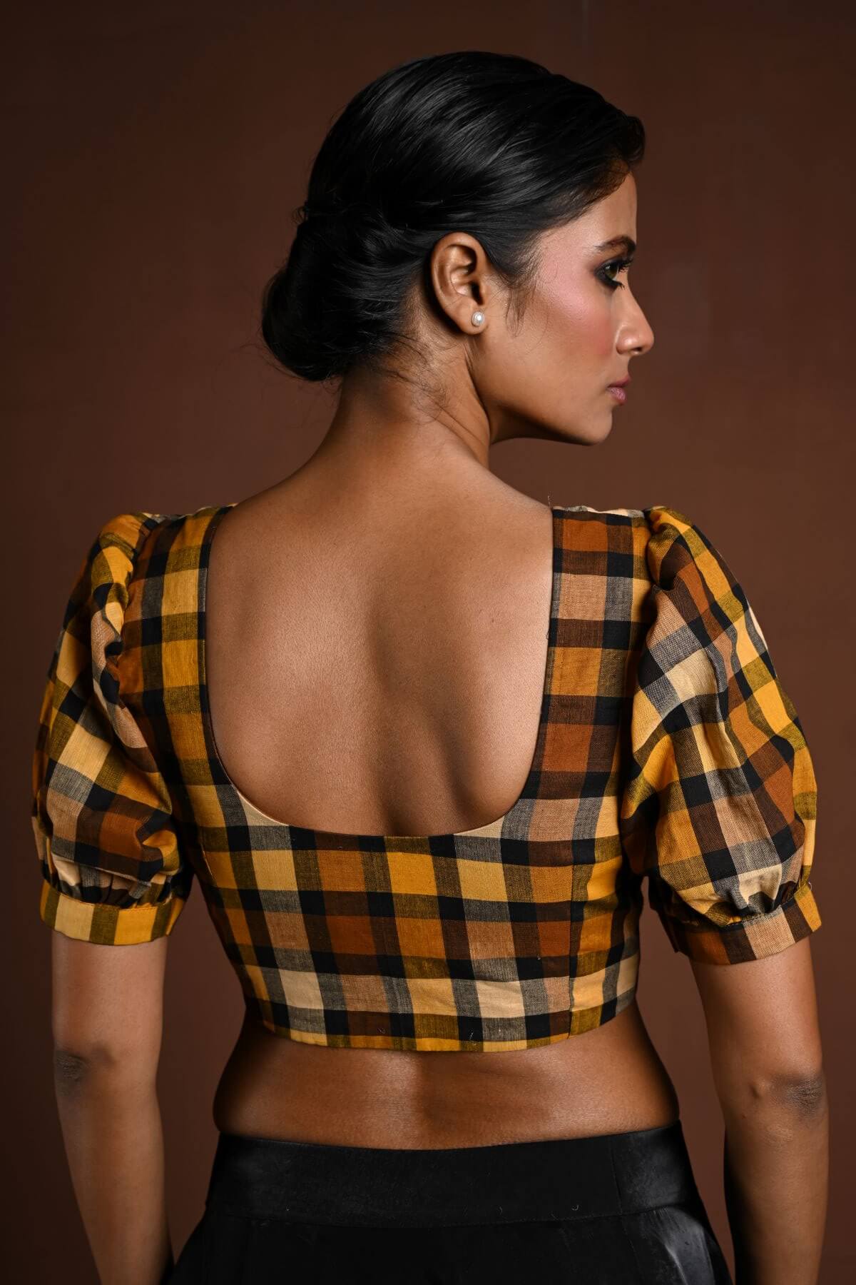 Yellow Puff Sleeve Blouse with Check Detailing - Anvi Couture