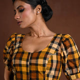 Yellow Puff Sleeve Blouse with Check Detailing - Anvi Couture