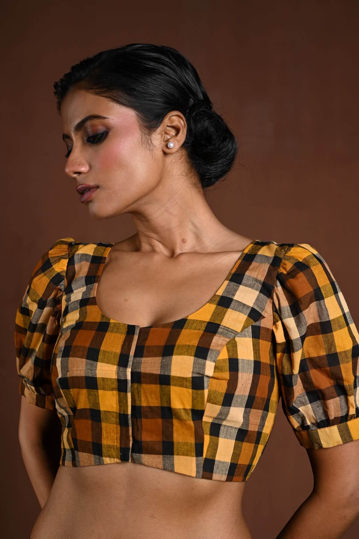 Yellow Puff Sleeve Blouse with Check Detailing - Anvi Couture