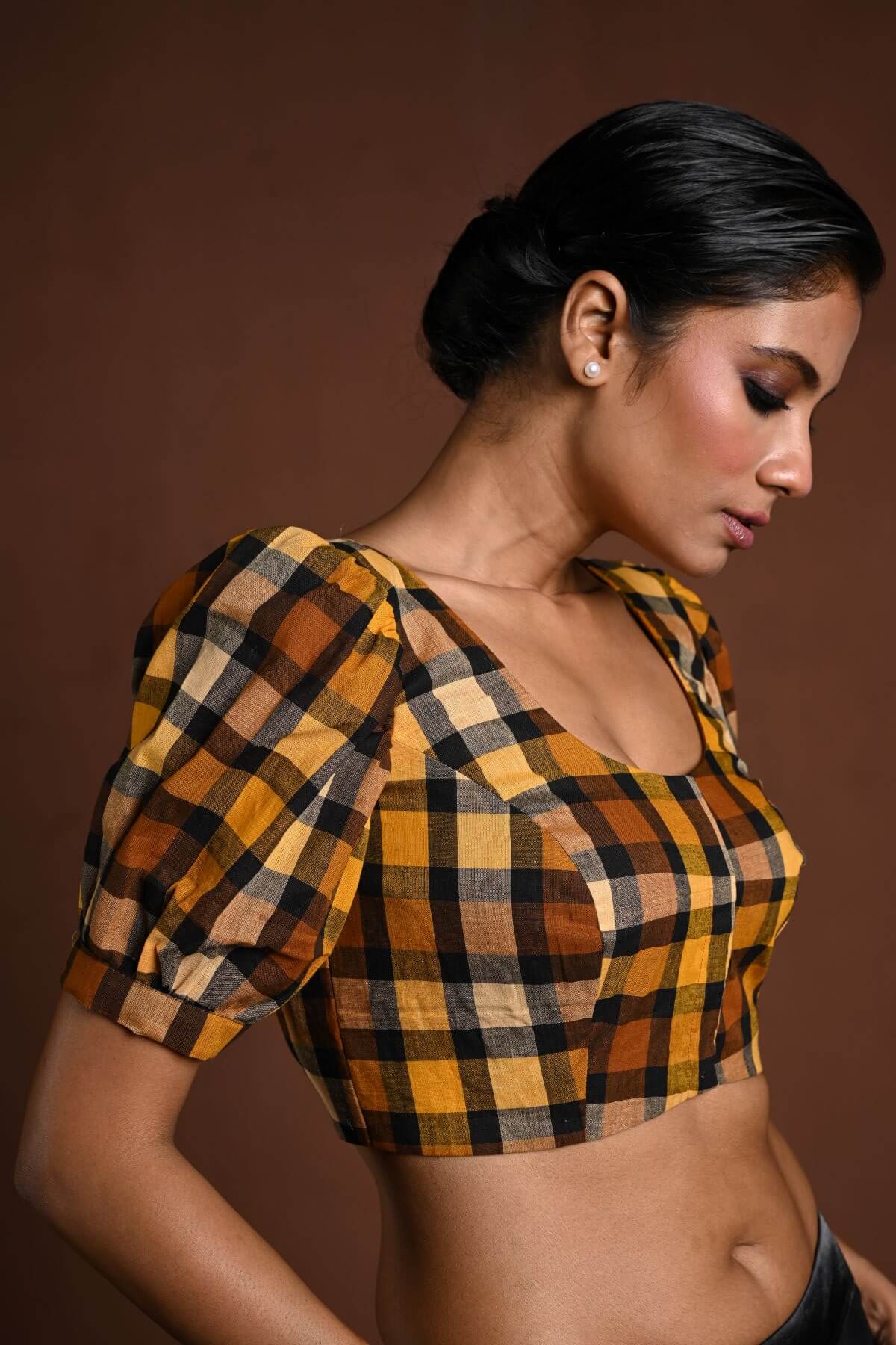 Yellow Puff Sleeve Blouse with Check Detailing - Anvi Couture