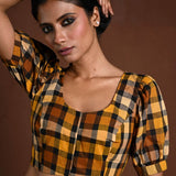 Yellow Puff Sleeve Blouse with Check Detailing - Anvi Couture
