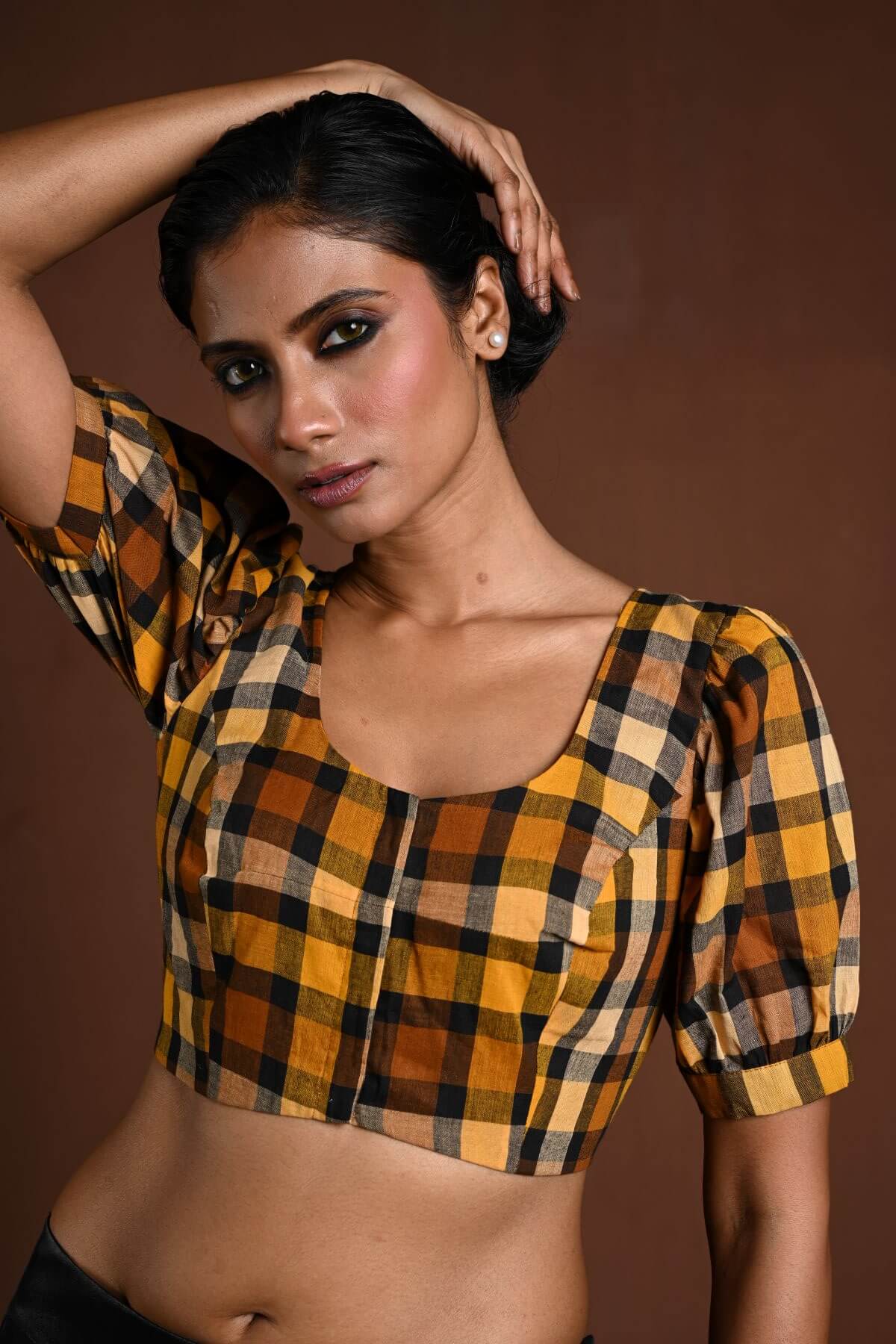 Yellow Puff Sleeve Blouse with Check Detailing - Anvi Couture