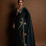 Dark Green Silk Organza Saree with a hand-embroidered finish and matching blouse - Image 1