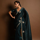 Dark Green Silk Organza Saree with a hand-embroidered finish and matching blouse - Image 3