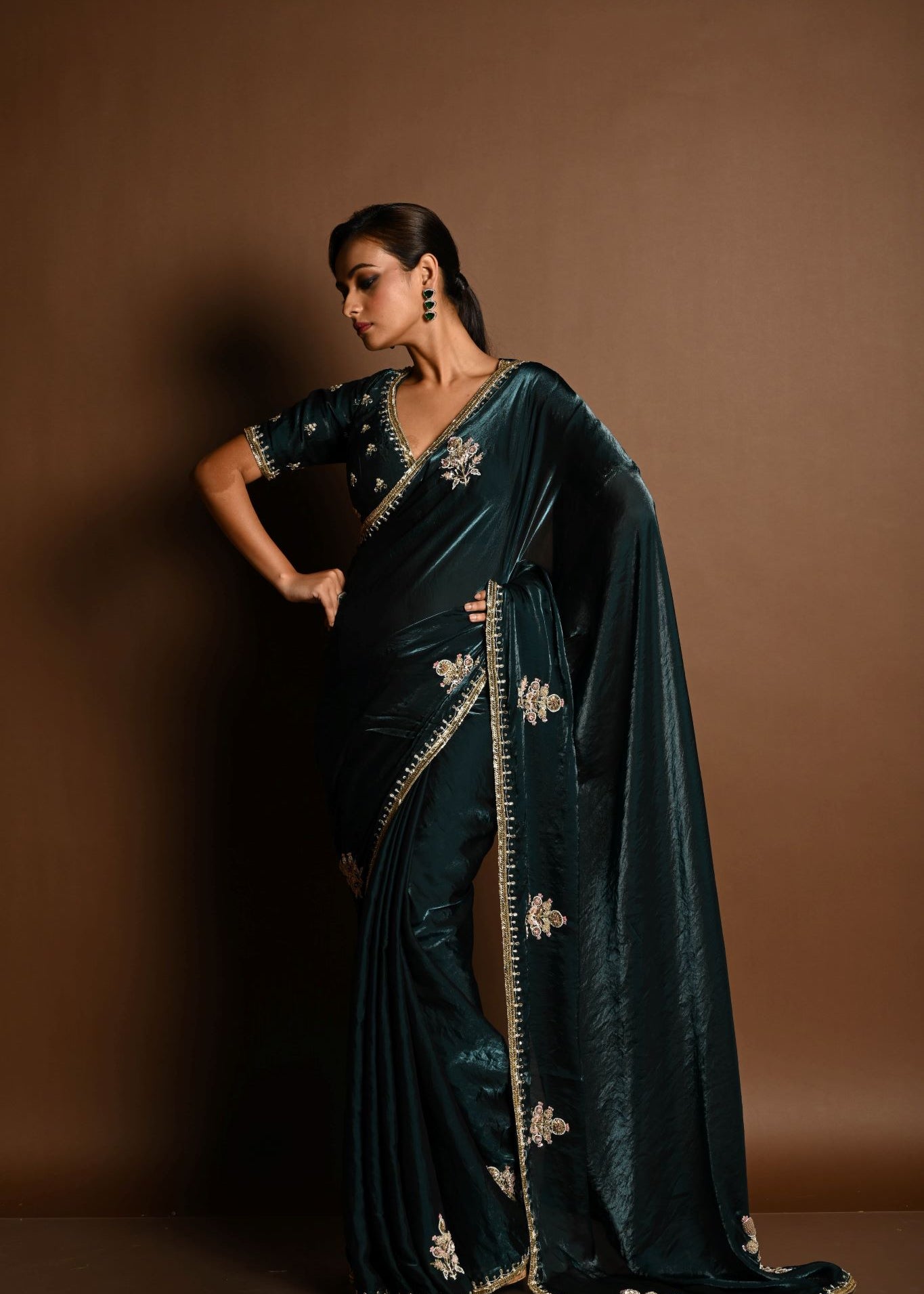 Dark Green Silk Organza Saree with a hand-embroidered finish and matching blouse - Image 3