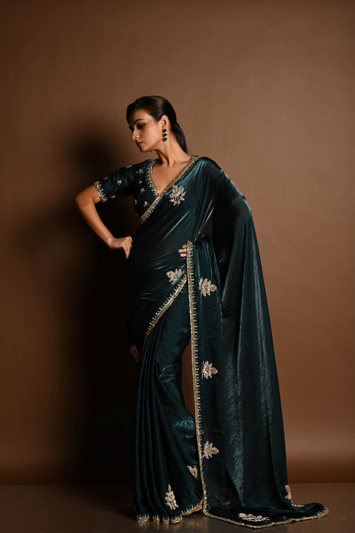 Dark Green Silk Organza Saree with a hand-embroidered finish and matching blouse - Image 3