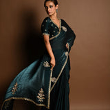 Dark Green Silk Organza Saree with a hand-embroidered finish and matching blouse - Image 4
