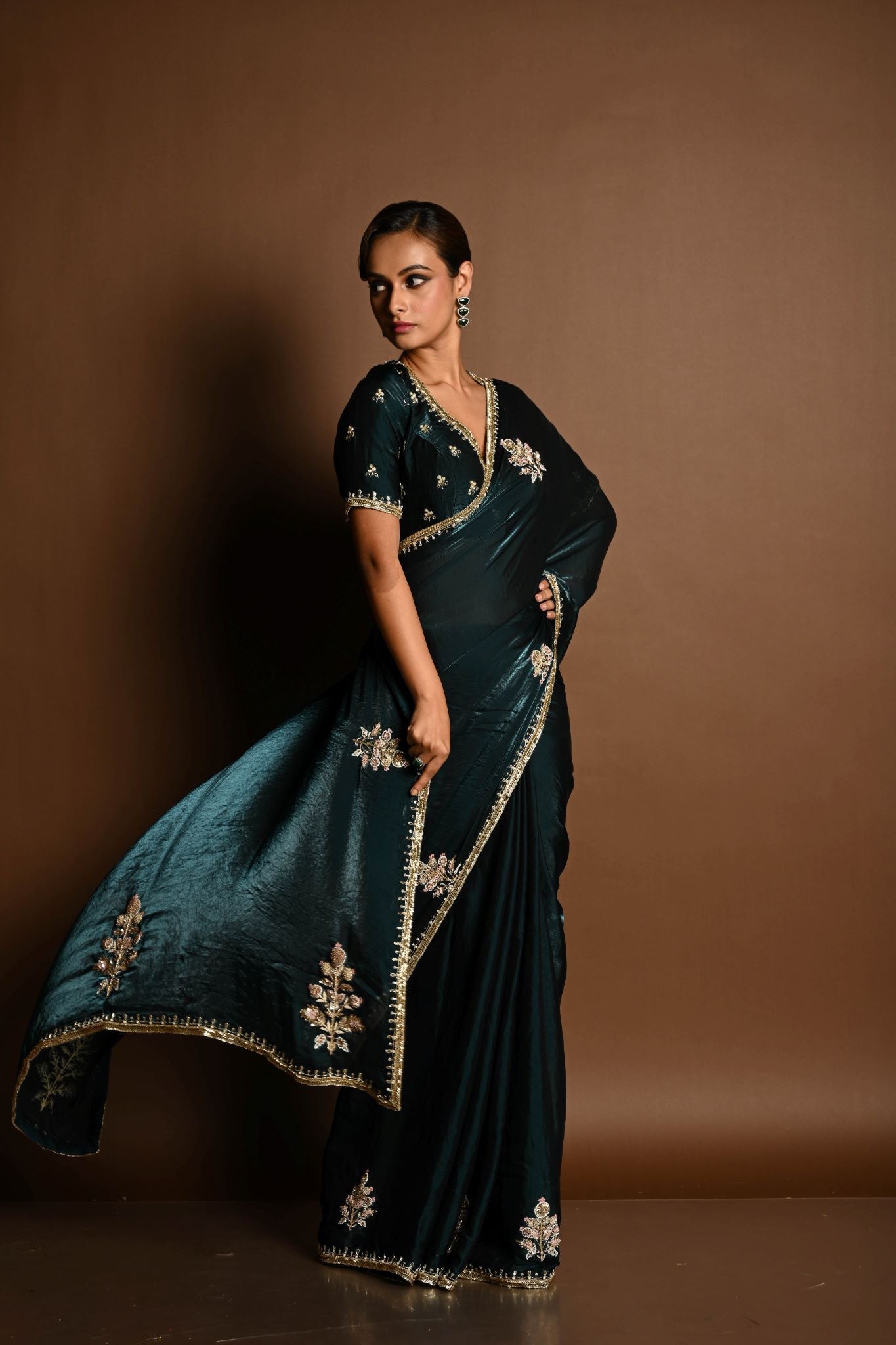 Dark Green Silk Organza Saree with a hand-embroidered finish and matching blouse - Image 4