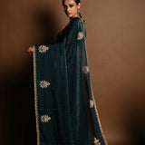 Dark Green Silk Organza Saree with a hand-embroidered finish and matching blouse - Image 2