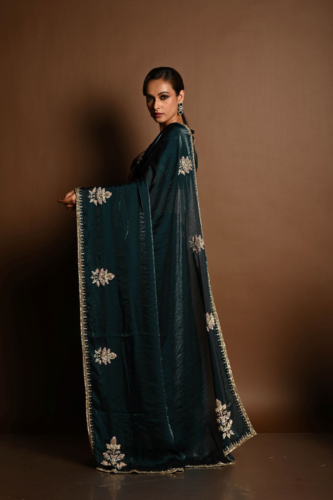Dark Green Silk Organza Saree with a hand-embroidered finish and matching blouse - Image 2