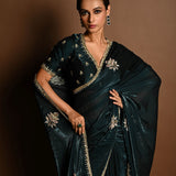 Dark Green Silk Organza Saree with a hand-embroidered finish and matching blouse - Image 5
