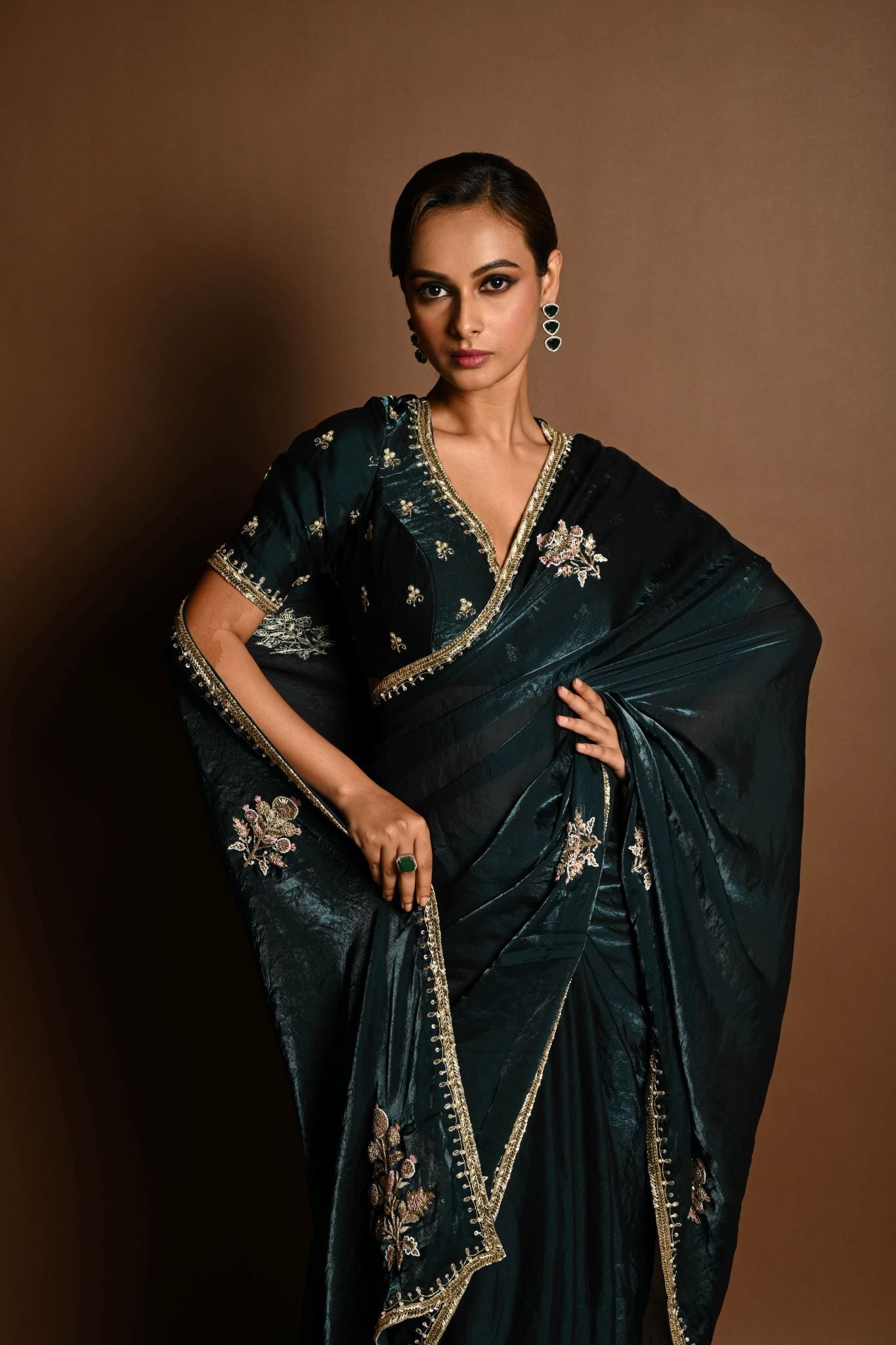 Dark Green Silk Organza Saree with a hand-embroidered finish and matching blouse - Image 5