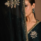 Dark Green Silk Organza Saree with a hand-embroidered finish and matching blouse - Image 6