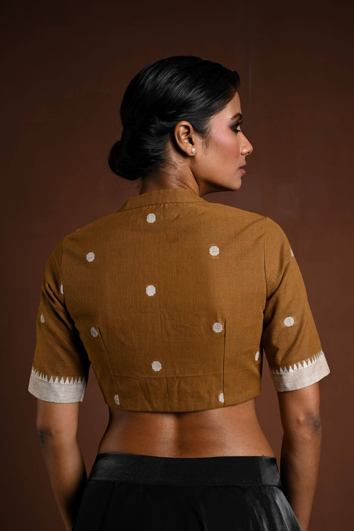 Brown Half Sleeve Cotton Blouse with High Neck - Anvi Couture