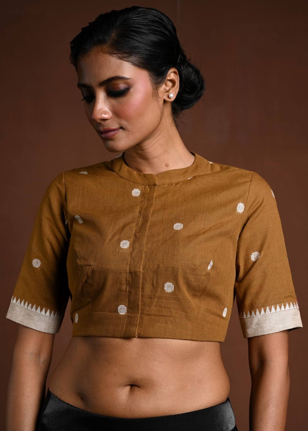 Brown Half Sleeve Cotton Blouse with High Neck - Anvi Couture
