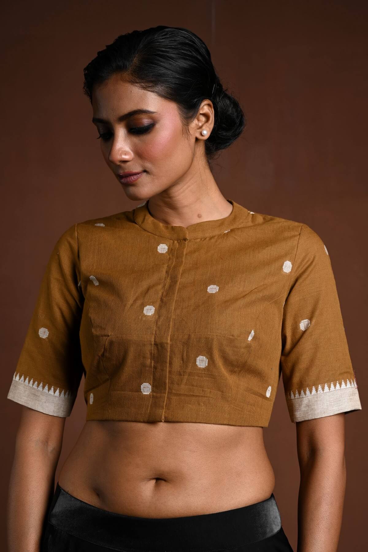Brown Half Sleeve Cotton Blouse with High Neck - Anvi Couture