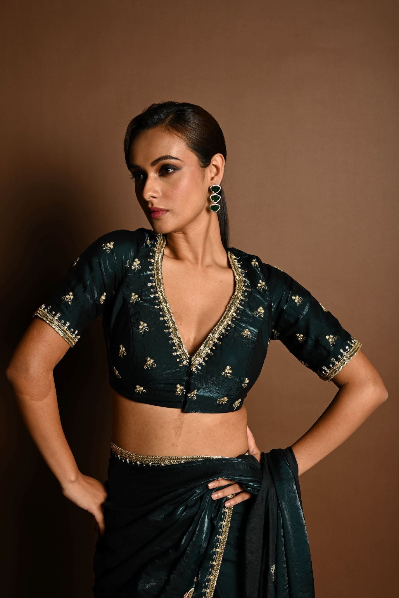 Dark Green Silk Organza Saree with a hand-embroidered finish and matching blouse - Image 7