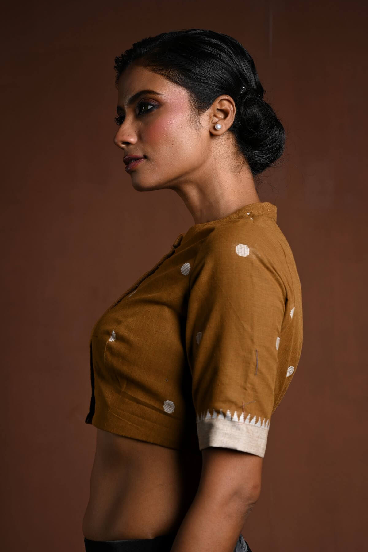 Brown Half Sleeve Cotton Blouse with High Neck - Anvi Couture