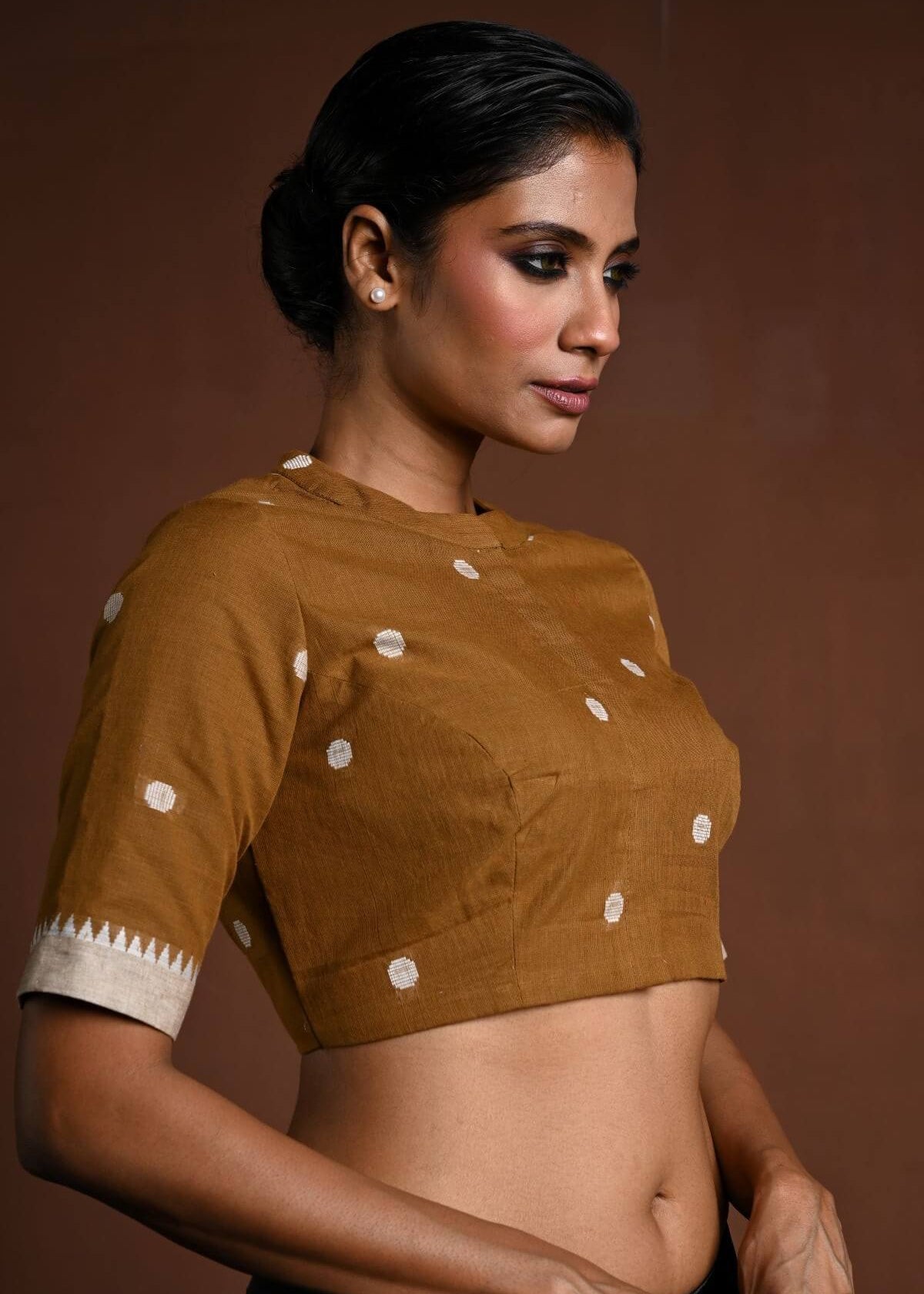 Brown Half Sleeve Cotton Blouse with High Neck - Anvi Couture