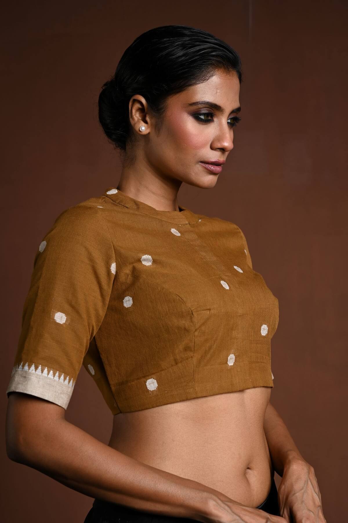 Brown Half Sleeve Cotton Blouse with High Neck - Anvi Couture