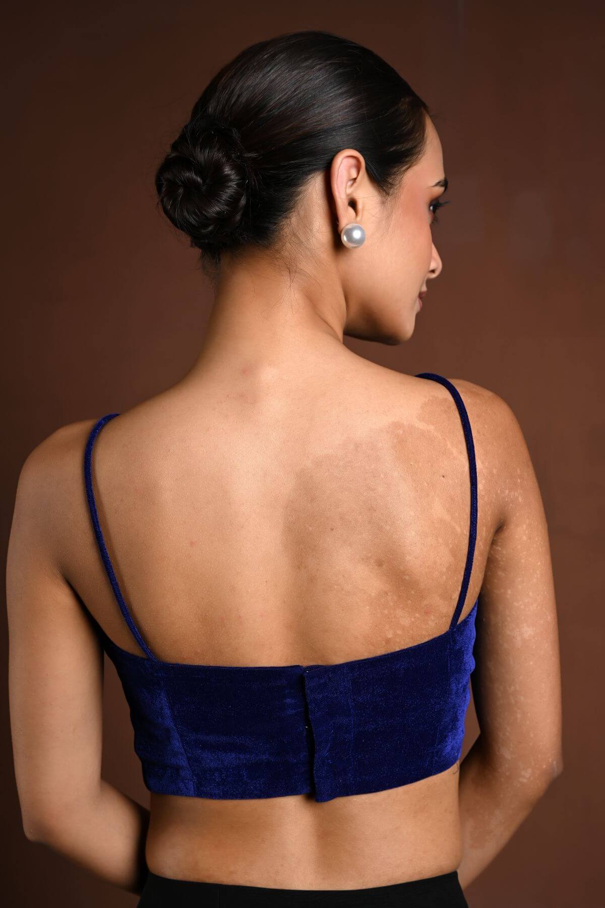 Dark Blue Velvet Spaghetti Blouse with Back Closure - Anvi Couture