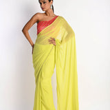 Lime Green Georgette Saree with Pink One-Shoulder Blouse - Image 1
