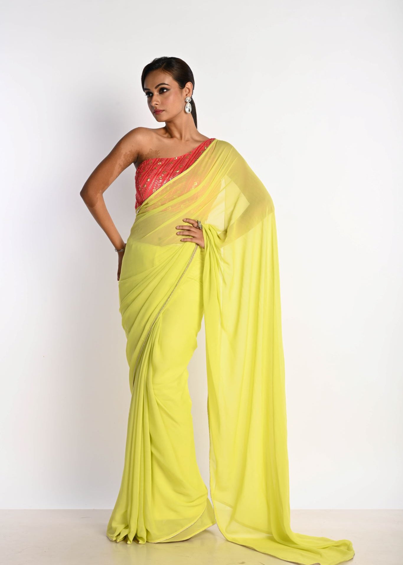 Lime Green Georgette Saree with Pink One-Shoulder Blouse - Image 1