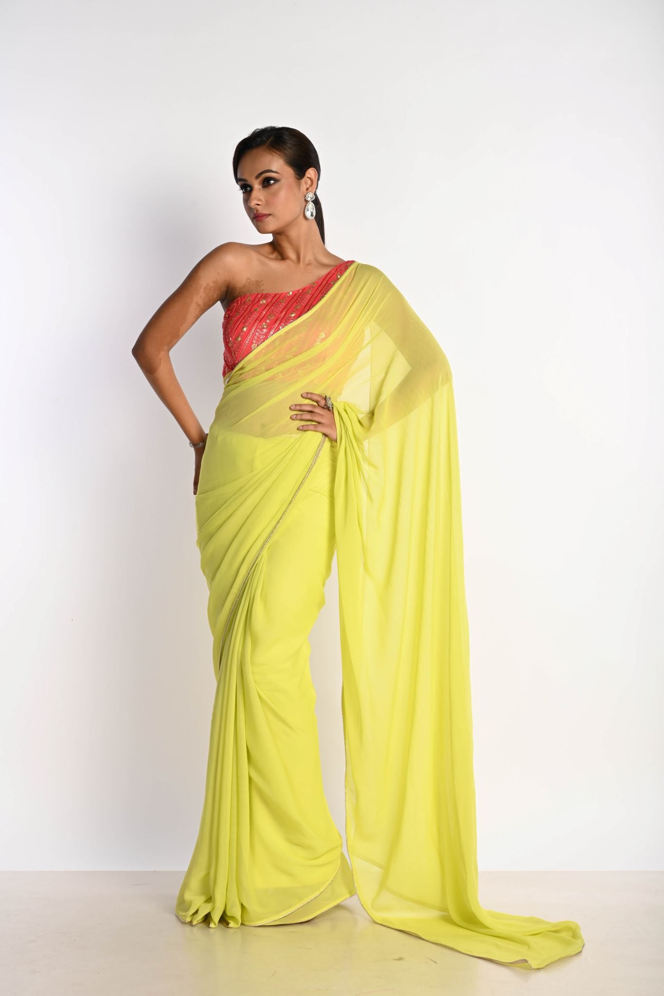 Lime Green Georgette Saree with Pink One-Shoulder Blouse - Image 1