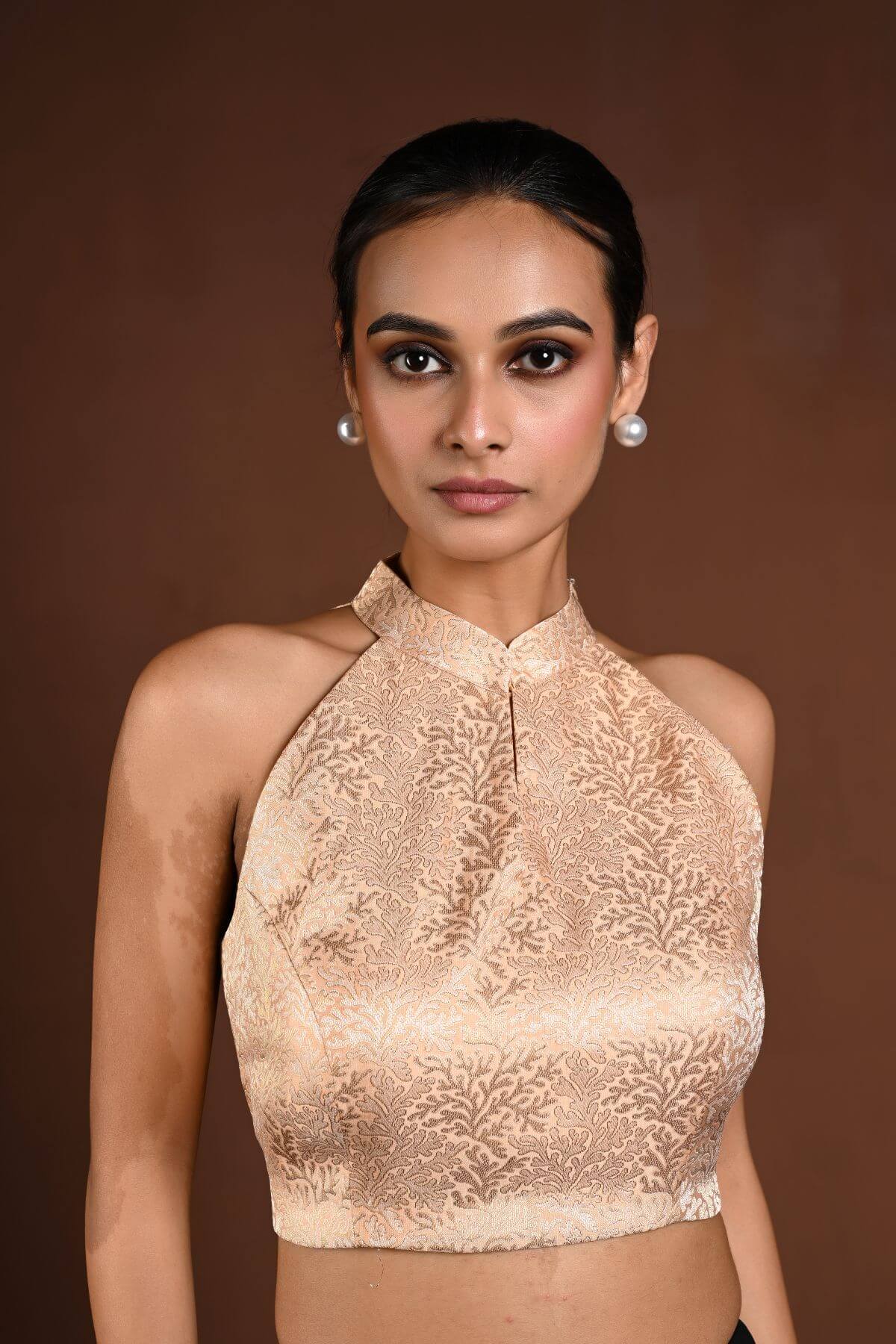 Peach Halter Neck Brocade Silk Blouse - Anvi Couture
