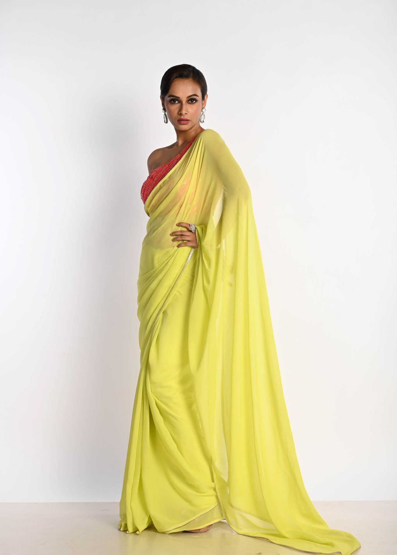 Lime Green Georgette Saree with Pink One-Shoulder Blouse - Image 2