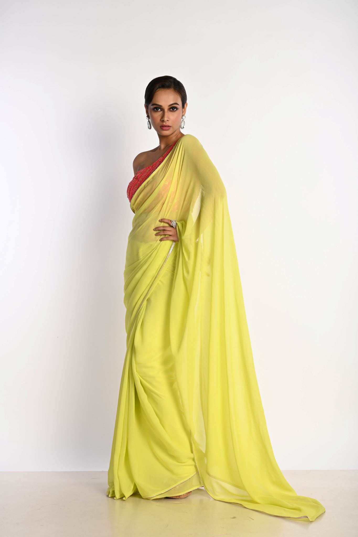 Lime Green Georgette Saree with Pink One-Shoulder Blouse - Image 2
