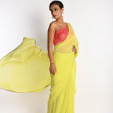 Lime Green Georgette Saree with Pink One-Shoulder Blouse - Image 3