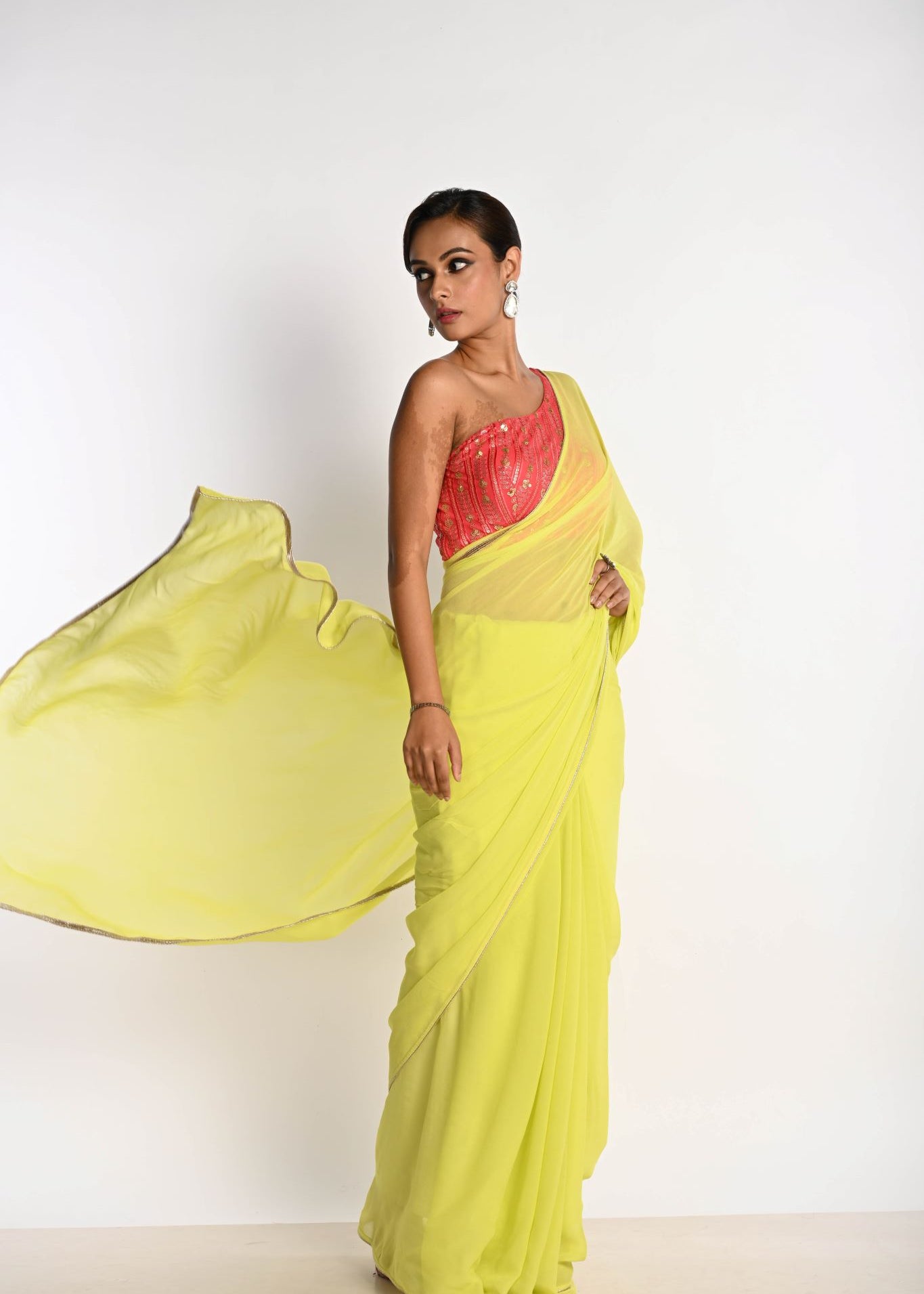 Lime Green Georgette Saree with Pink One-Shoulder Blouse - Image 3