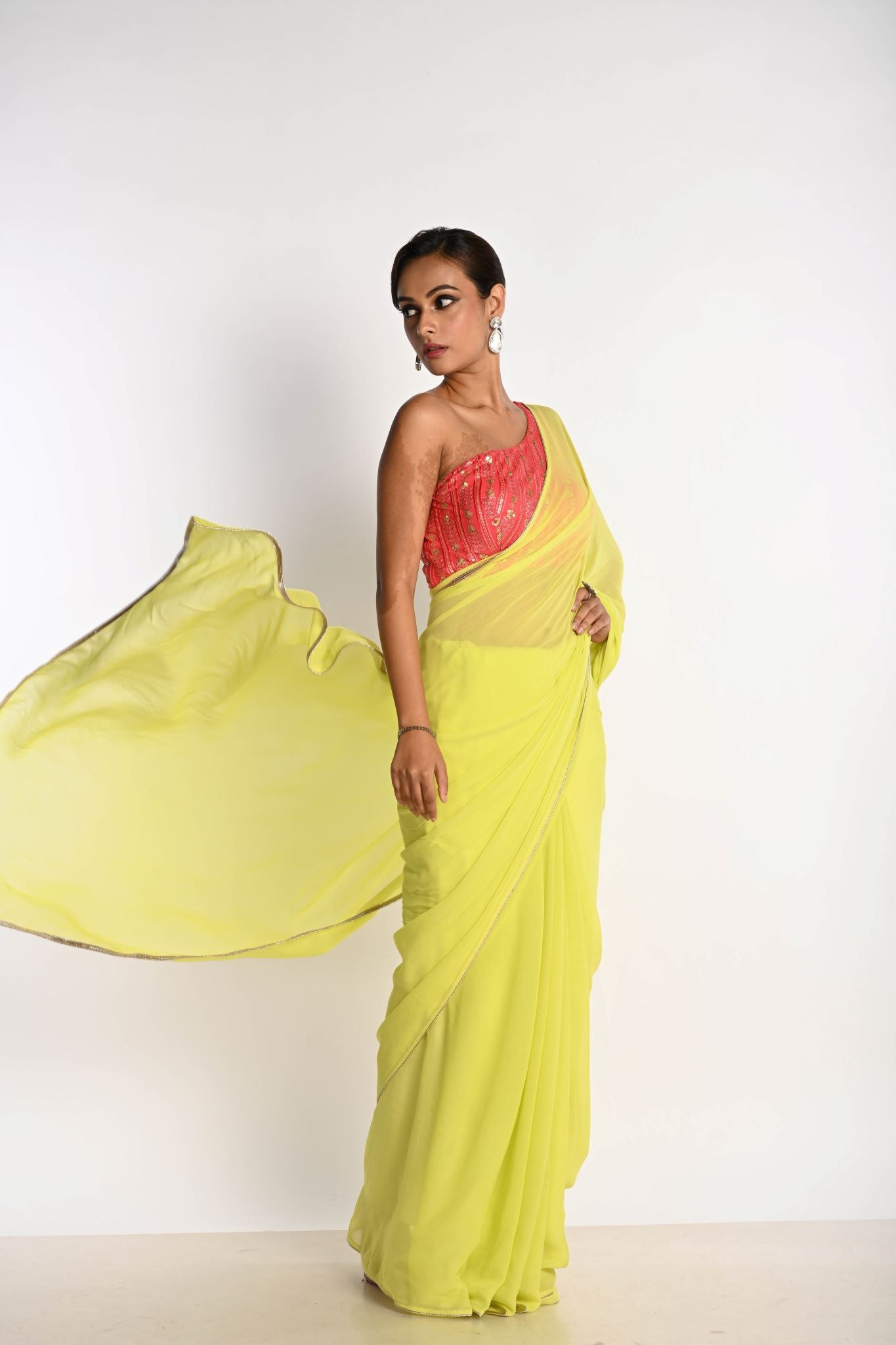 Lime Green Georgette Saree with Pink One-Shoulder Blouse - Image 3